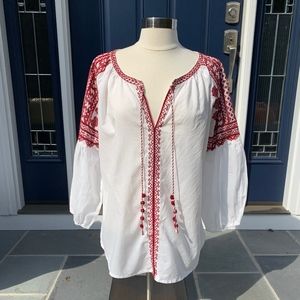 Long Sleeve White Peasant Top with Red Embroidery